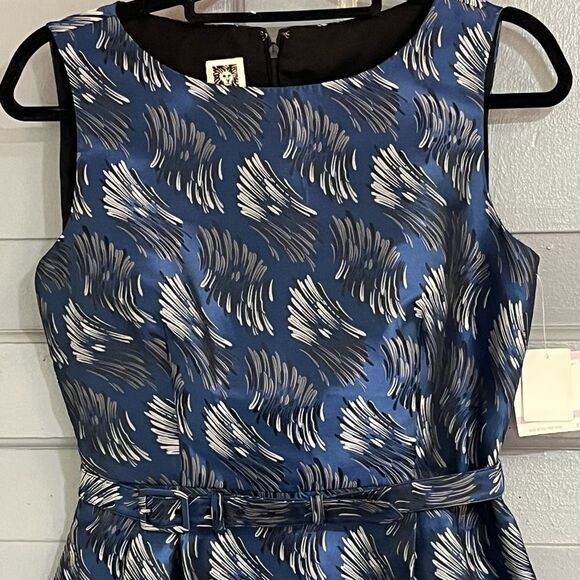 Ann Taylor Dead stock Blue Jacquard Satin Belted Sleeveless 50’s Style Cocktail - Picture 2 of 9